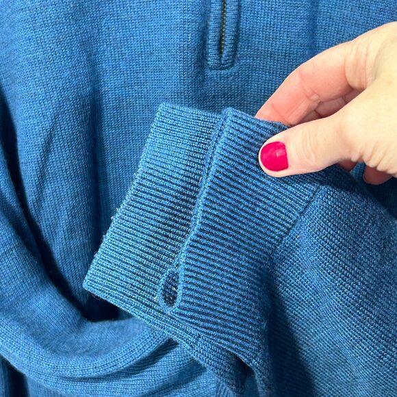 LL Bean 1/4 Zip Merino Wool Sweater Mens L Pullover Blue Repair Lower Front - Picture 6 of 7